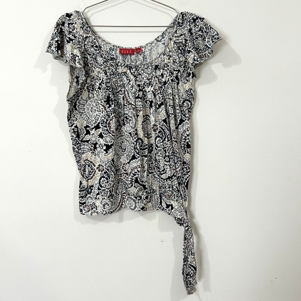 VTG ELLE Women’s Blouse M Paisley Knit Top Side Tie Waist Flutter Cap Sleeve